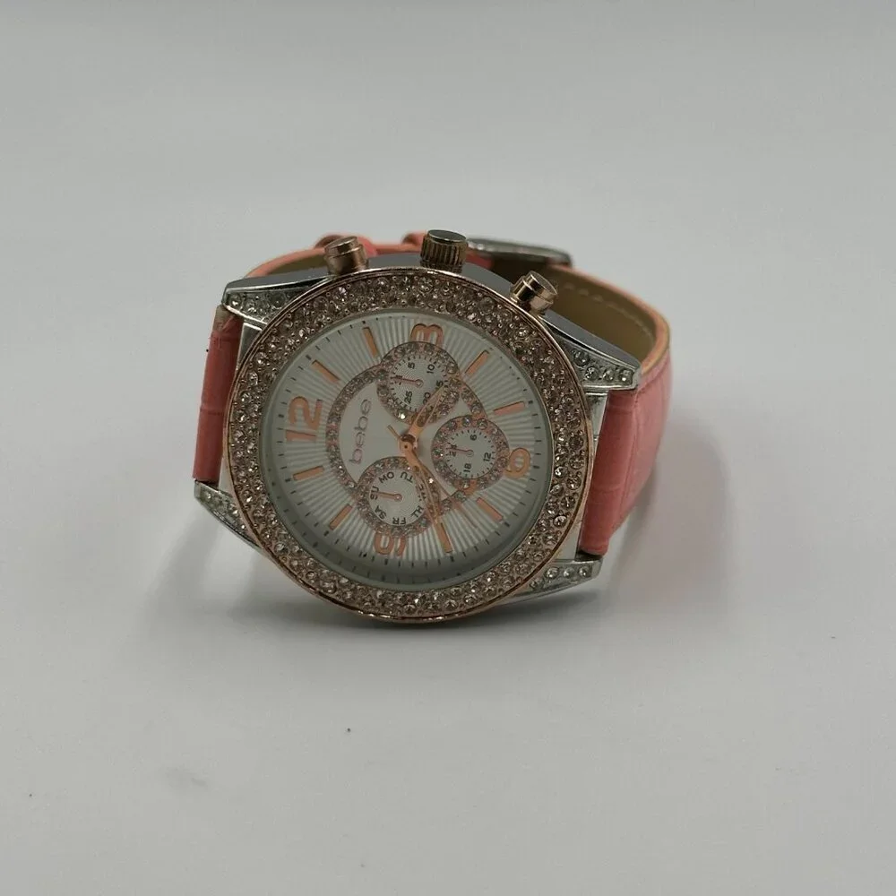 Bebe Watch Women Silver Rose Gold Tone Faux Chronograph Pave Crystal Bezel 9